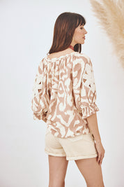 PRINTED BLOUSE WITH CROCHET DETAILS - BEIGE