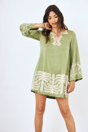 VESTIDO CORTO MANGA LARGA BORDADO - VERDE