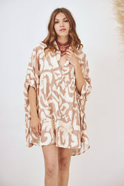 VESTIDO CAMISERO CORTO  BORDADO PALMERA - CAMEL