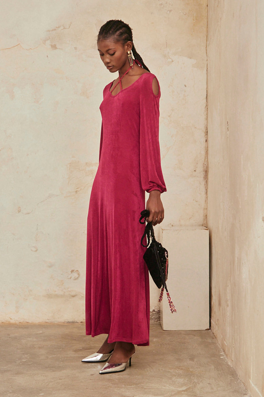 Long fitted knit dress with lurex and long sleeves - fuchsia