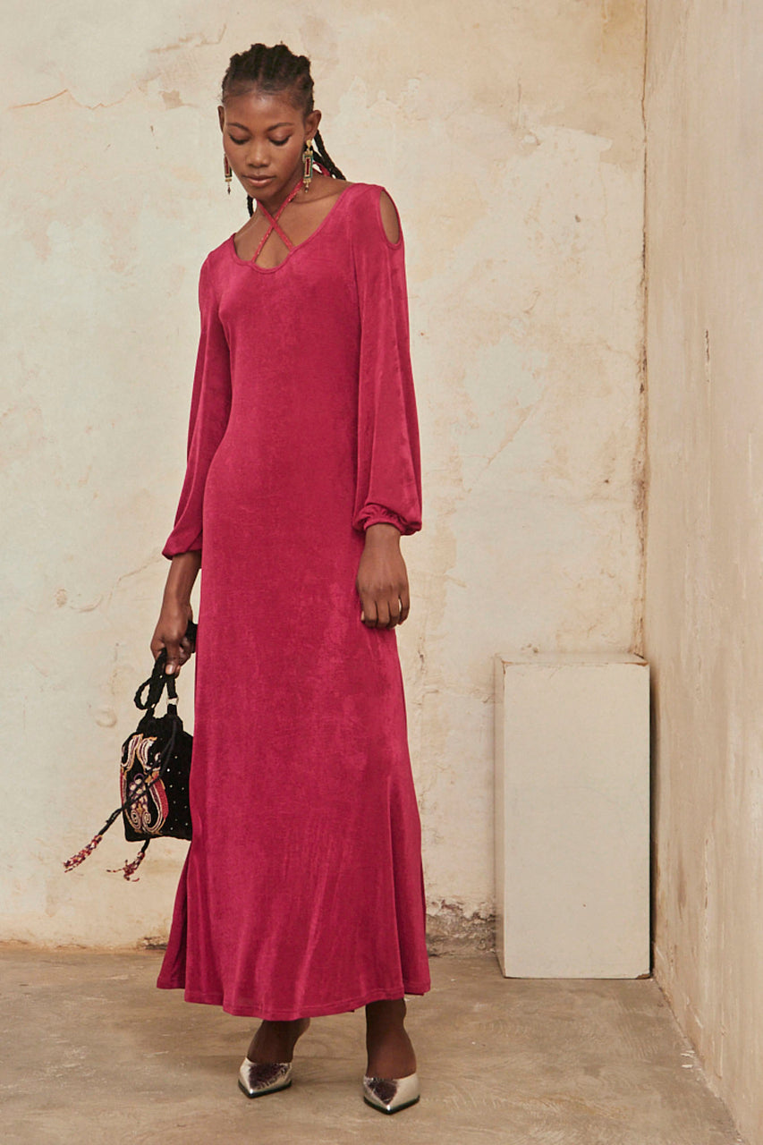 Long fitted knit dress with lurex and long sleeves - fuchsia