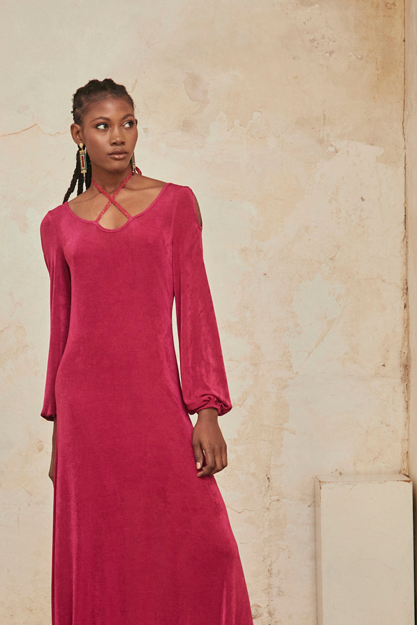 Long fitted knit dress with lurex and long sleeves - fuchsia