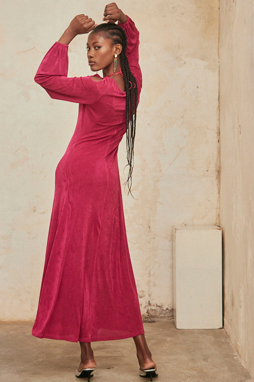 Long fitted knit dress with lurex and long sleeves - fuchsia