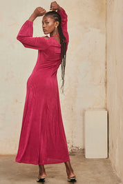 Long fitted knit dress with lurex and long sleeves - fuchsia