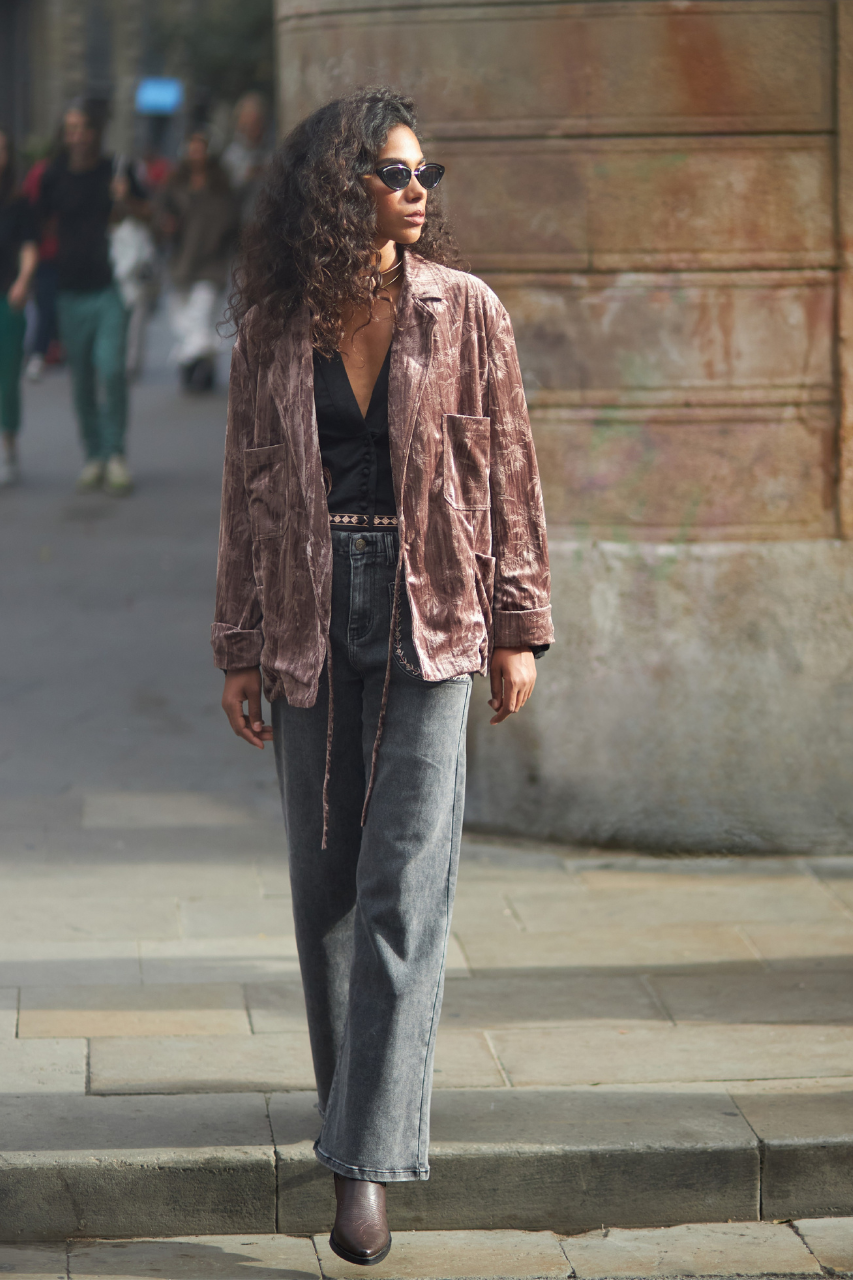 CHAQUETA CRUZADA TERCIOPELO PALMERITAS - TAUPE