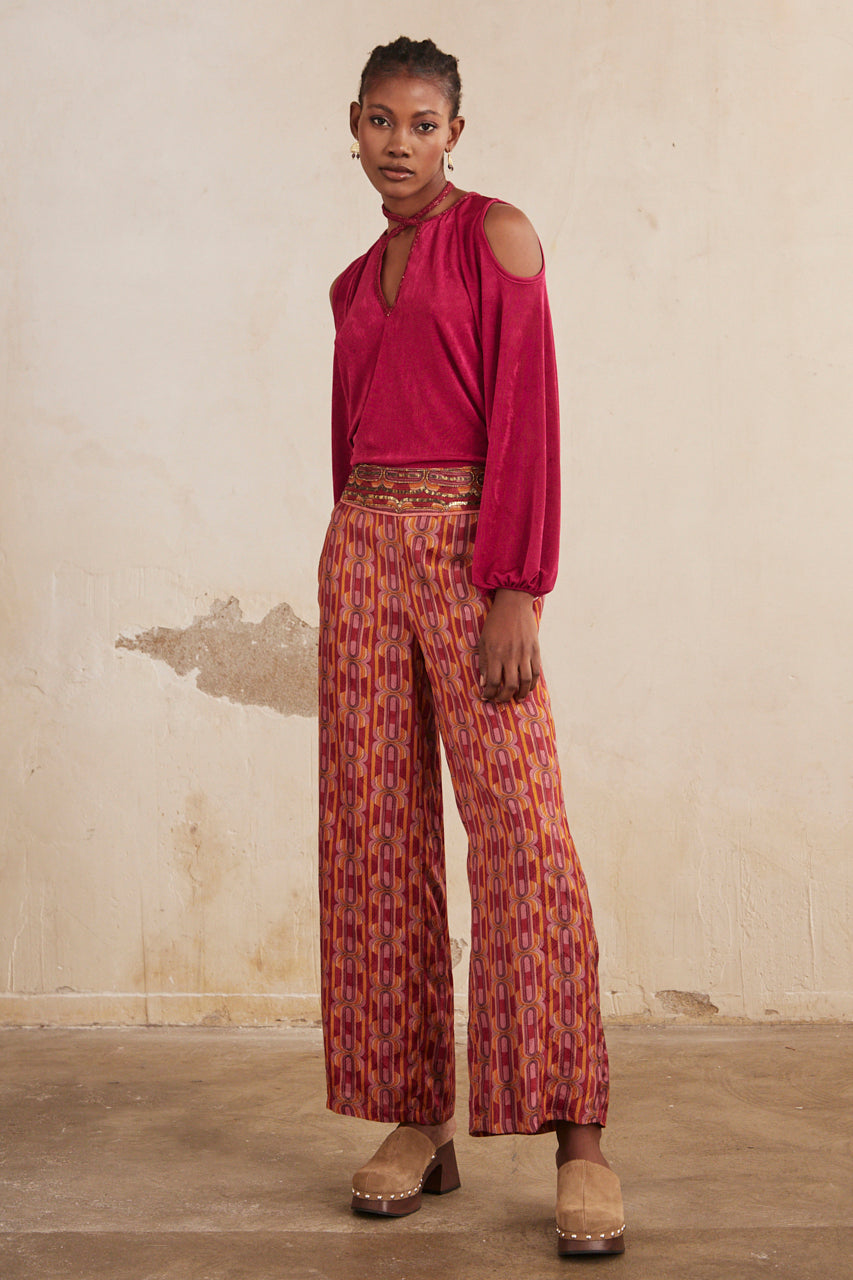 Long-sleeved lurex knit blouse with cut-out - fuchsia