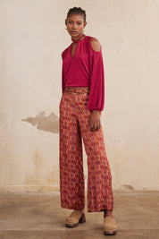 Long-sleeved lurex knit blouse with cut-out - fuchsia