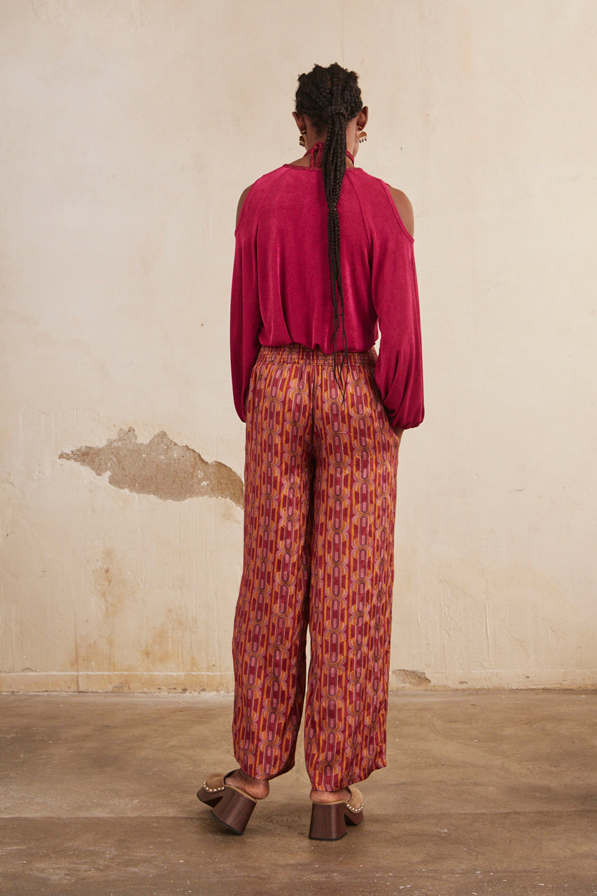 Long-sleeved lurex knit blouse with cut-out - fuchsia