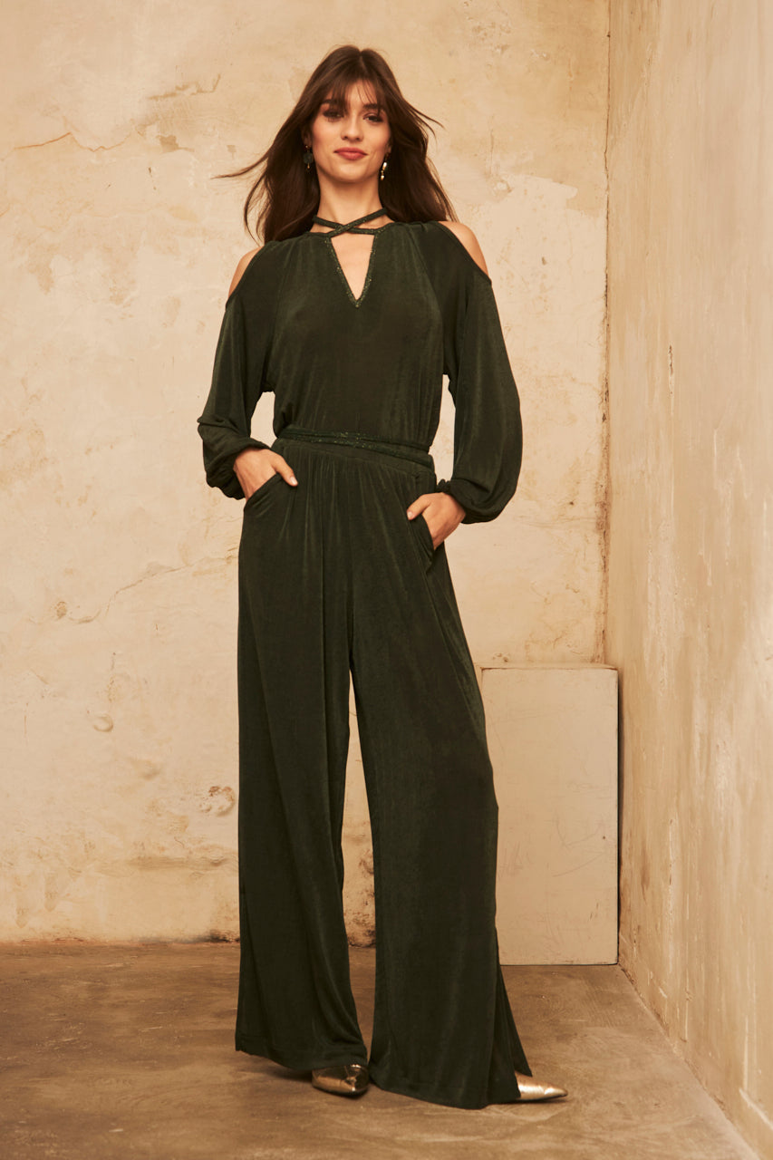 Wide-legged knit trousers with lurex - green
