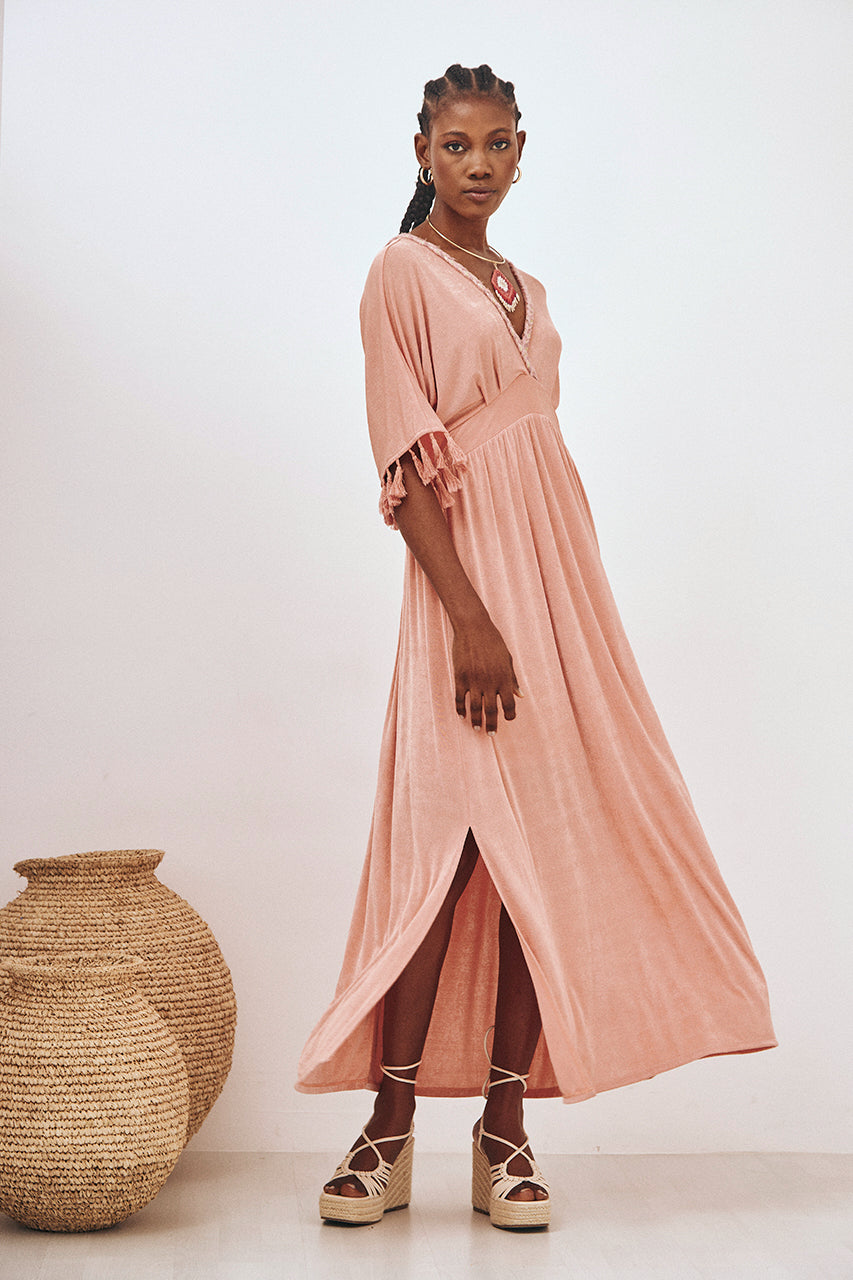 VESTIDO LARGO PUNTO FLECOS - CORAL