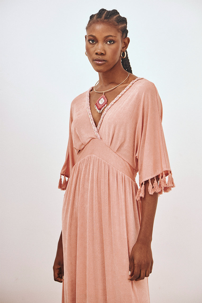 VESTIDO LARGO PUNTO FLECOS - CORAL