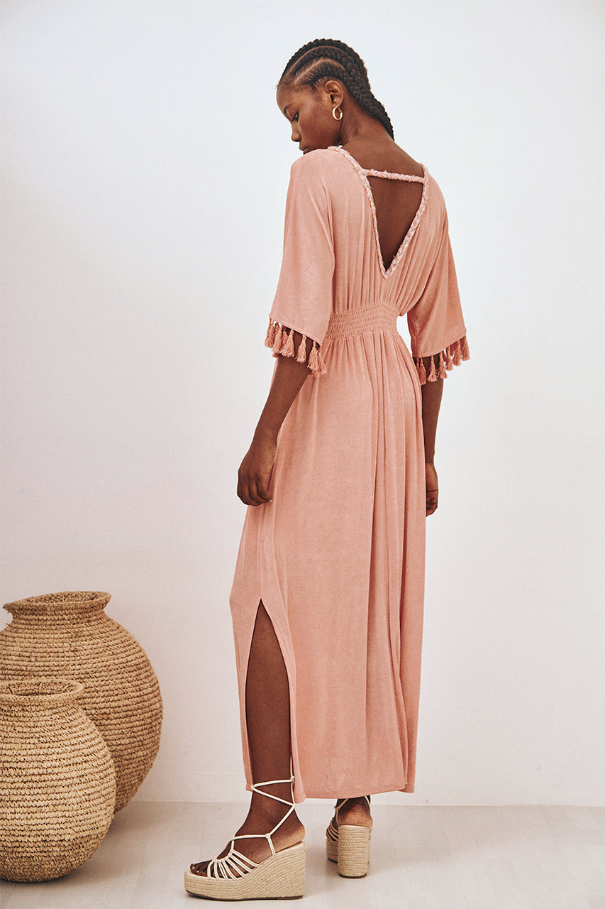 VESTIDO LARGO PUNTO FLECOS - CORAL
