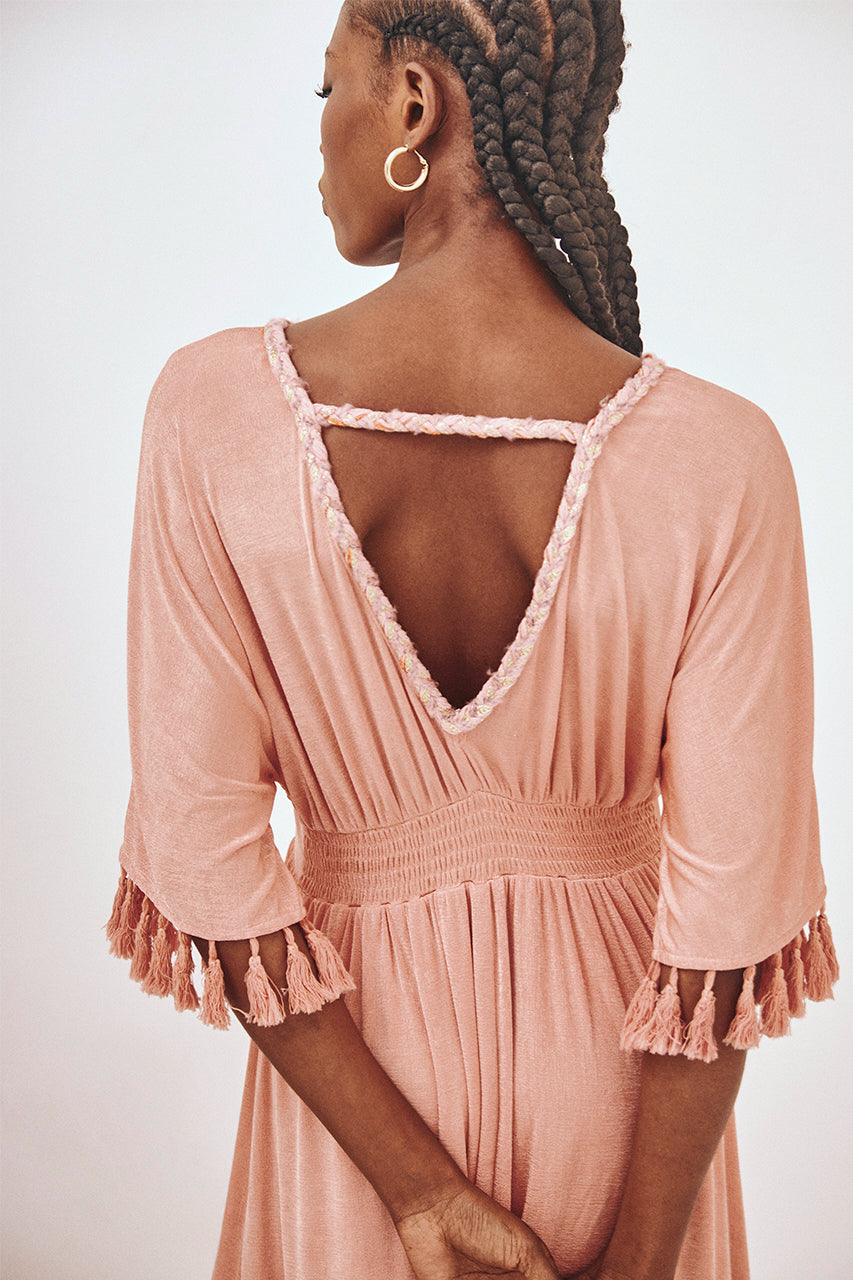 VESTIDO LARGO PUNTO FLECOS - CORAL