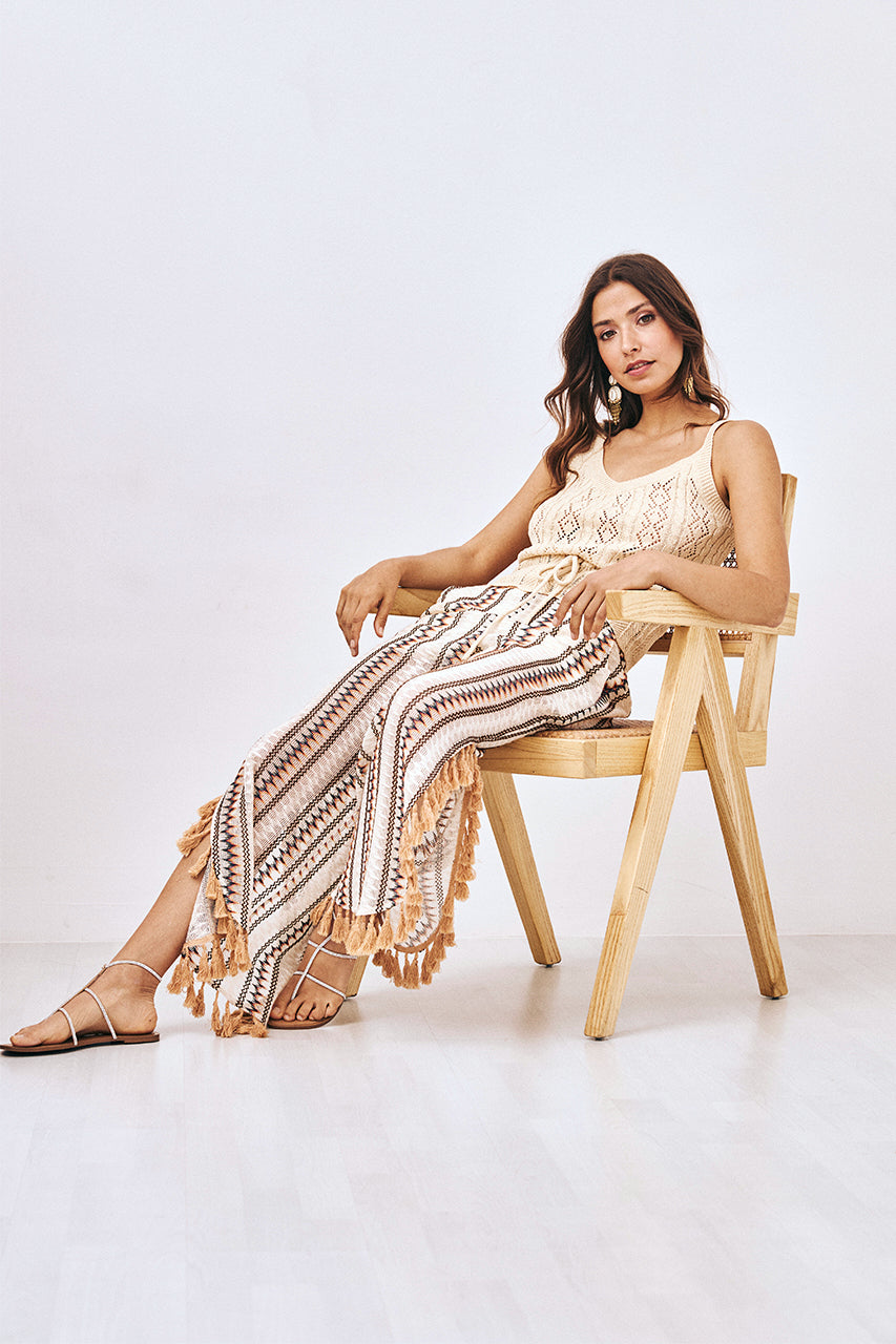 FRINGED STRIPED KNIT TROUSERS - ECRU