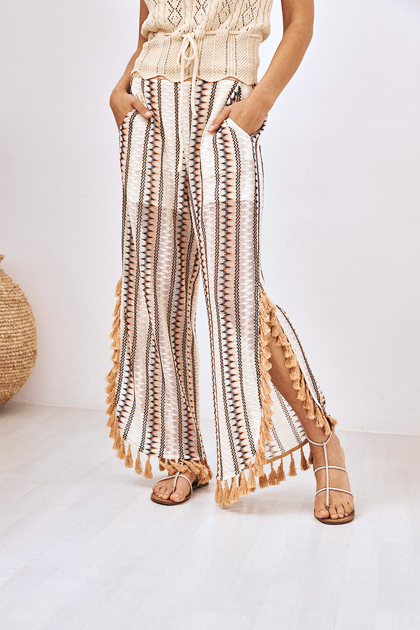 FRINGED STRIPED KNIT TROUSERS - ECRU