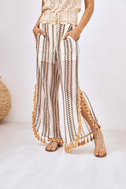 FRINGED STRIPED KNIT TROUSERS - ECRU