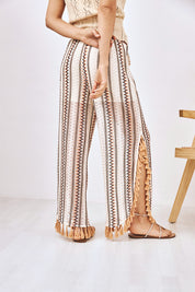 FRINGED STRIPED KNIT TROUSERS - ECRU