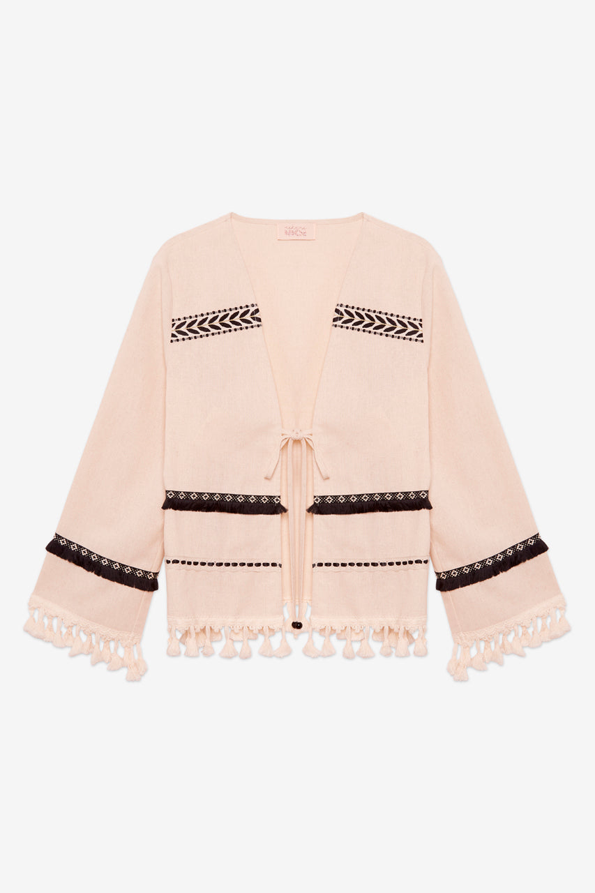 FRINGED LONG-SLEEVE KIMONO - ECRU