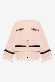 FRINGED LONG-SLEEVE KIMONO - ECRU