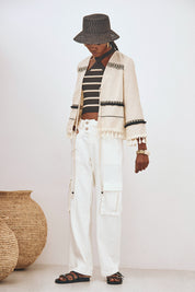 FRINGED LONG-SLEEVE KIMONO - ECRU
