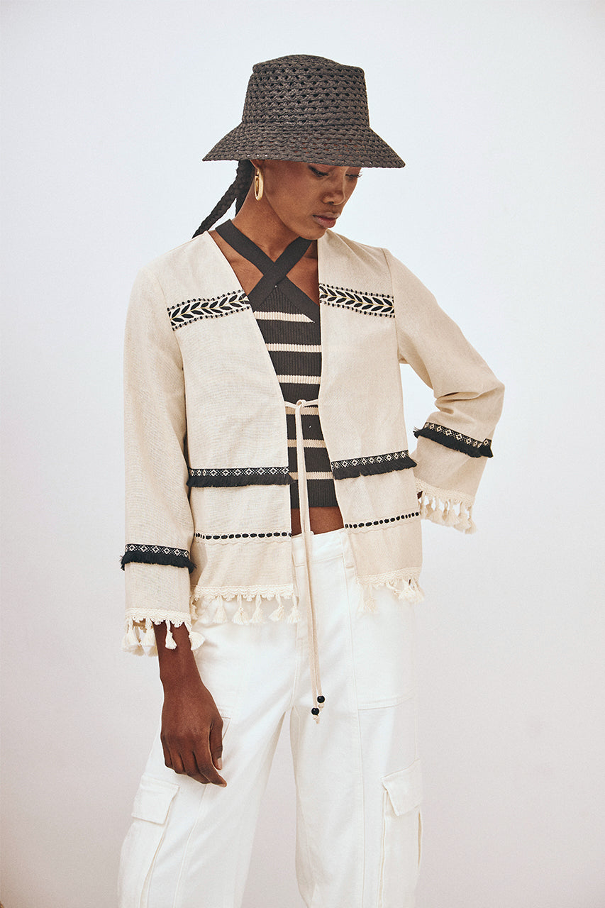 FRINGED LONG-SLEEVE KIMONO - ECRU