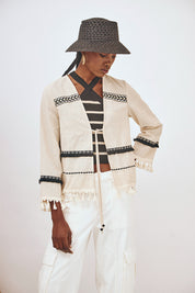 FRINGED LONG-SLEEVE KIMONO - ECRU
