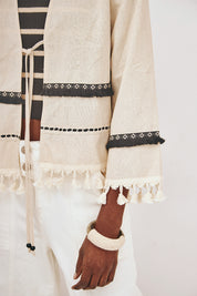FRINGED LONG-SLEEVE KIMONO - ECRU