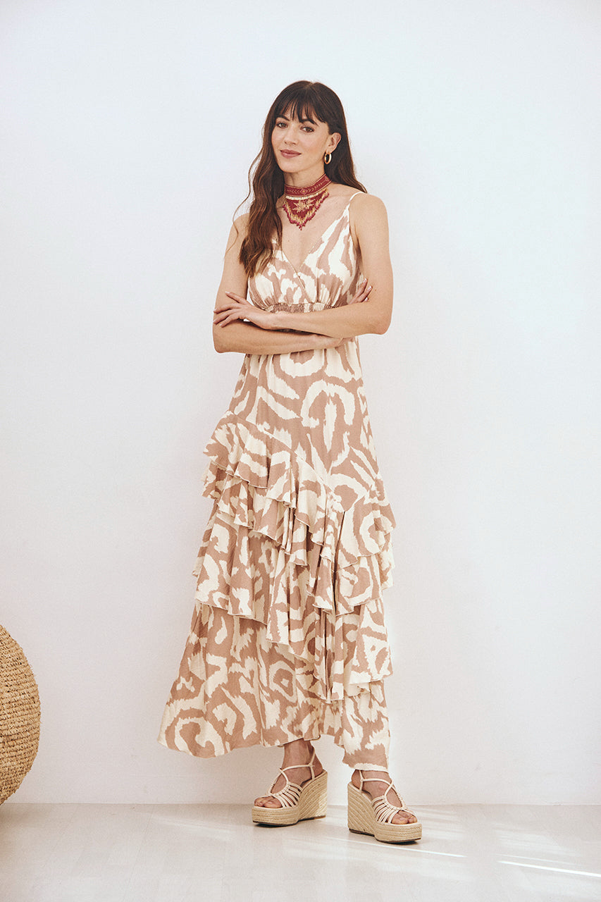 VESTIDO LARGO TIRANTES VOLANTES - CRUDO