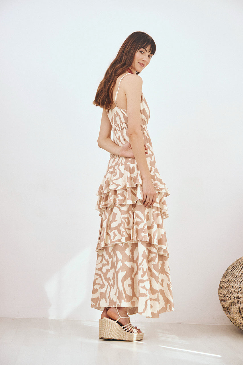 VESTIDO LARGO TIRANTES VOLANTES - CRUDO
