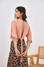FRINGED KNIT WRAP BLOUSE - CORAL