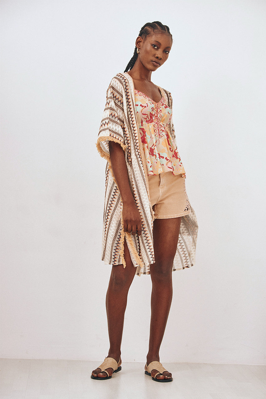 KIMONO PUNTO FLECOS RAYAS - CRUDO