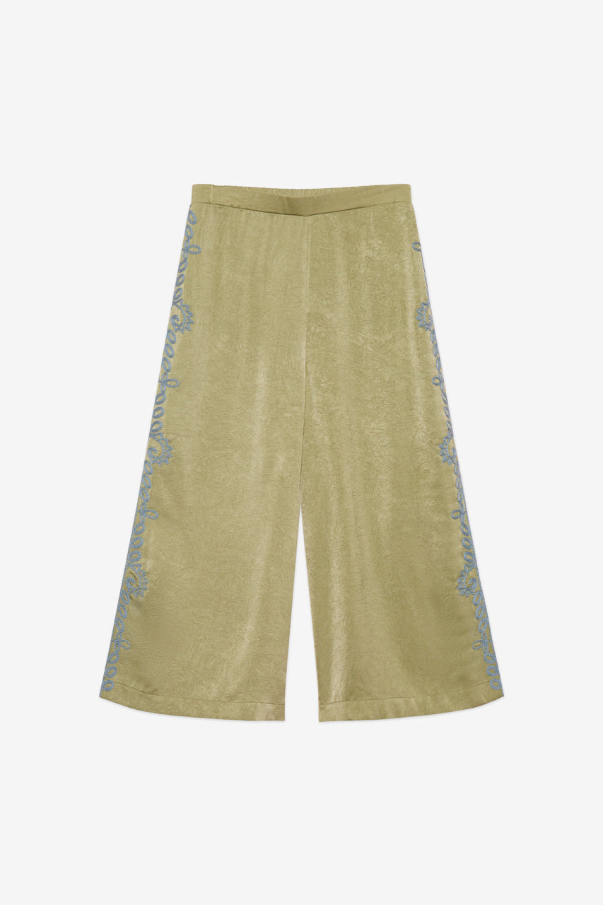 EMBROIDERED FLOWY STRAIGHT TROUSERS - GREEN