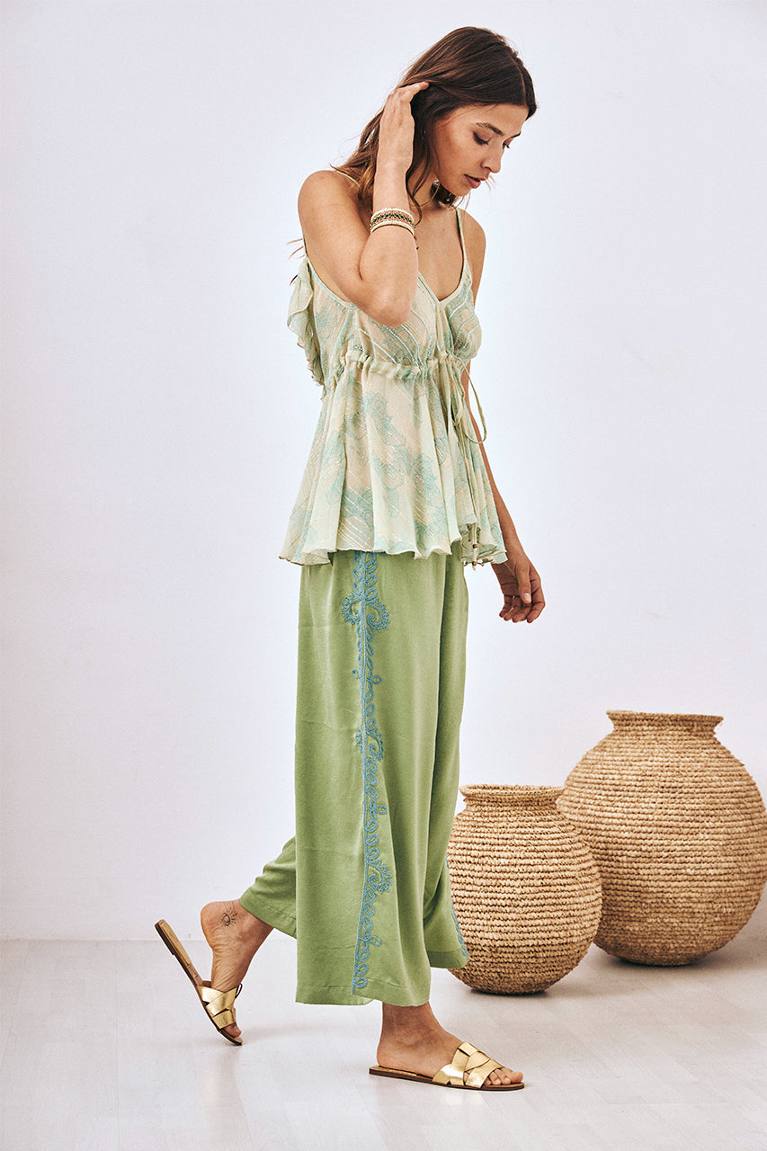 EMBROIDERED FLOWY STRAIGHT TROUSERS - GREEN