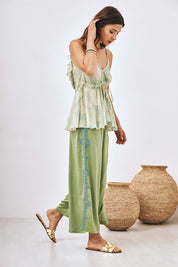 EMBROIDERED FLOWY STRAIGHT TROUSERS - GREEN