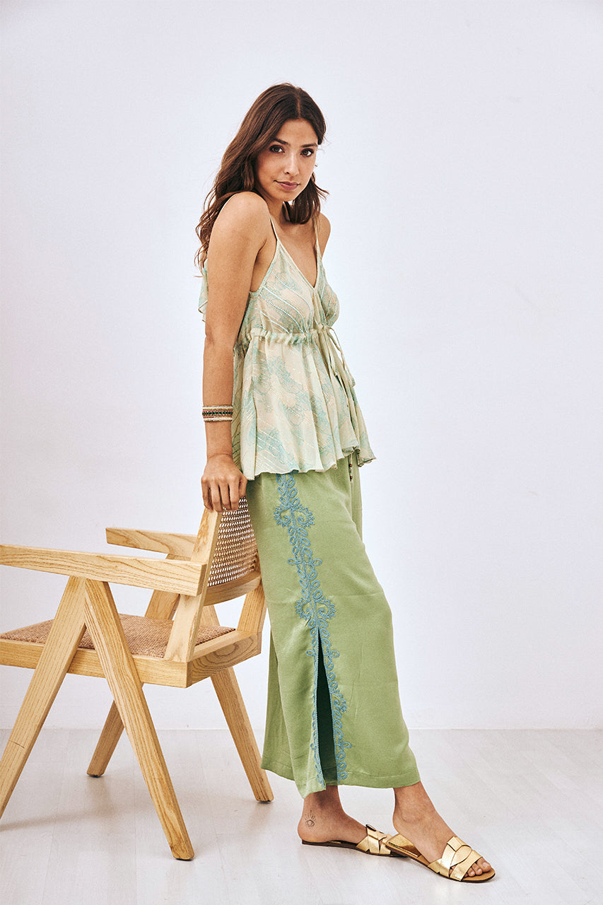 EMBROIDERED FLOWY STRAIGHT TROUSERS - GREEN