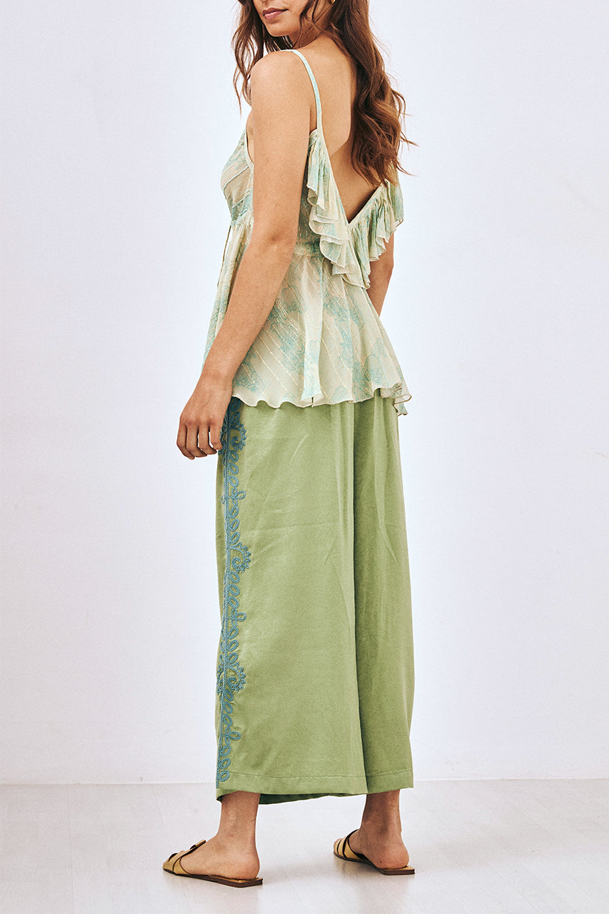 EMBROIDERED FLOWY STRAIGHT TROUSERS - GREEN