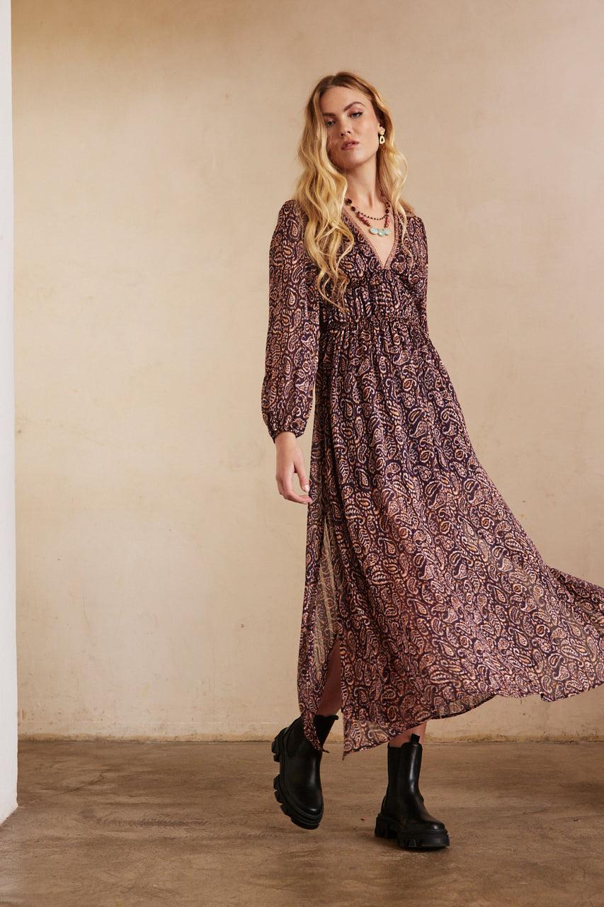 Long-sleeved printed long dress - Grape