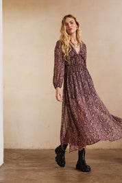 Long-sleeved printed long dress - Grape