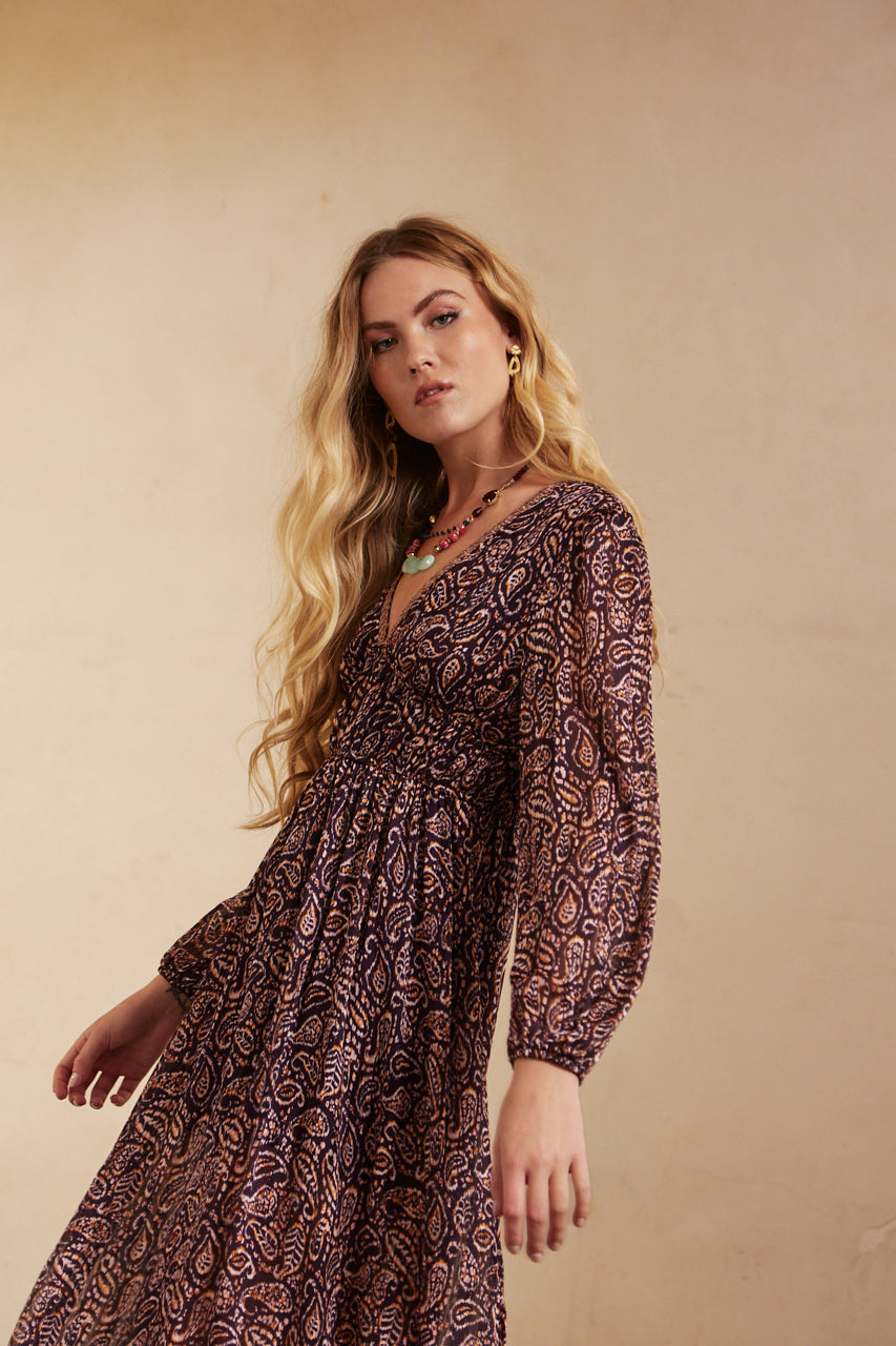 Long-sleeved printed long dress - Grape