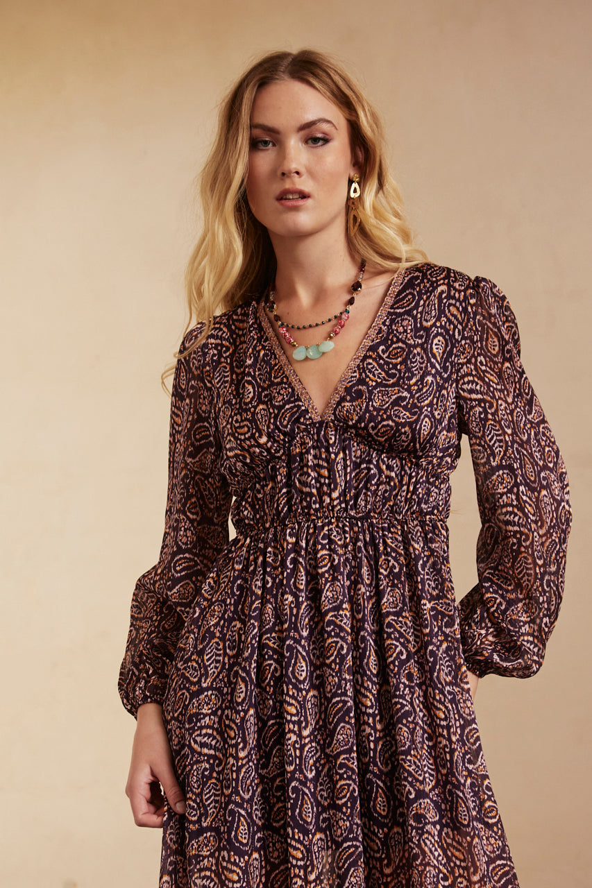 Long-sleeved printed long dress - Grape