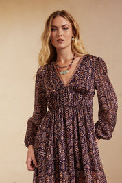 Long-sleeved printed long dress - Grape