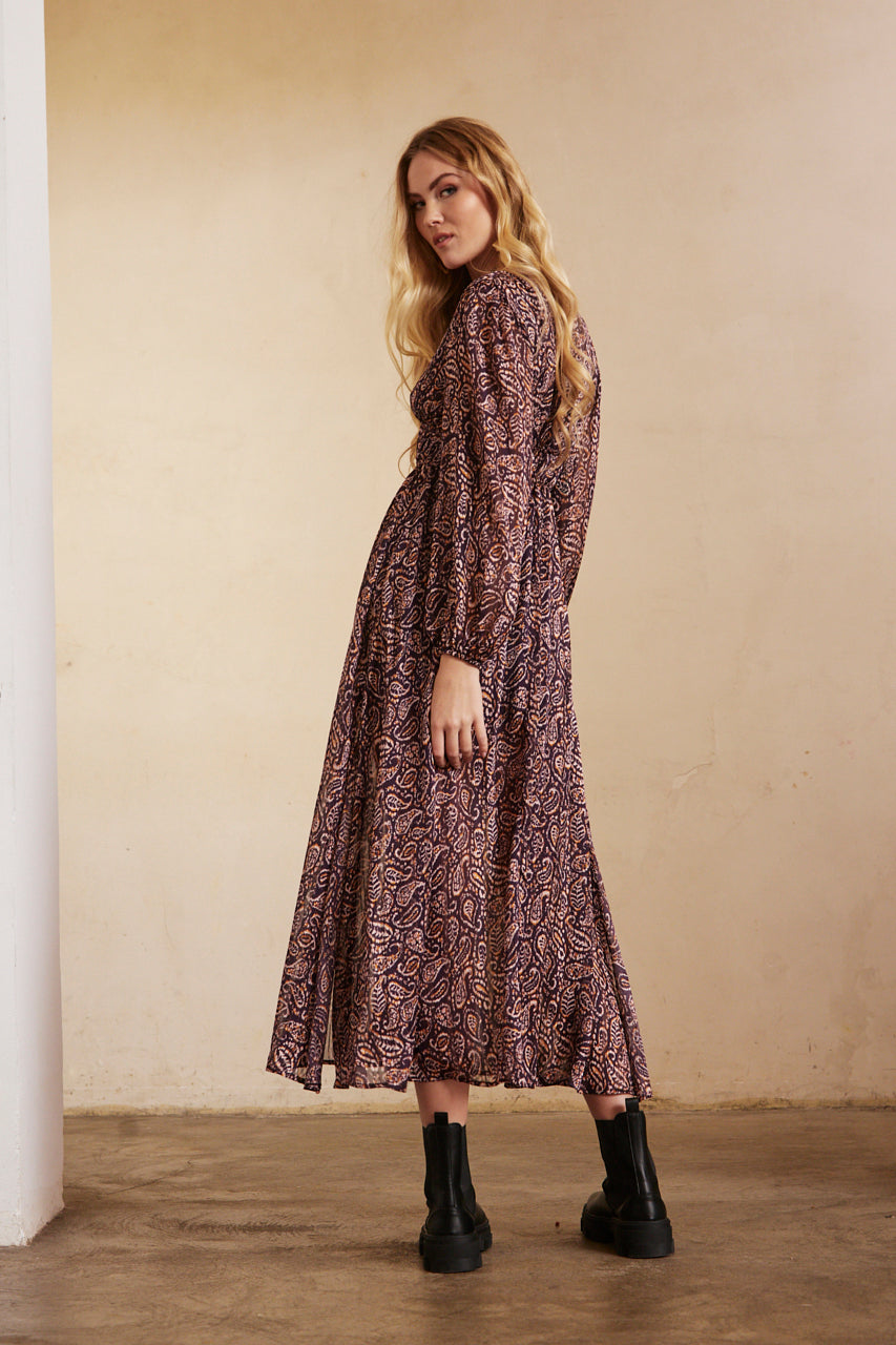 Long-sleeved printed long dress - Grape