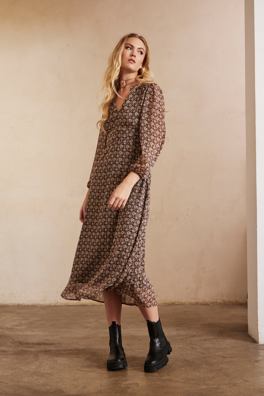 VESTIDO LARGO MANGA LARGA ESTAMPADO - BLACK