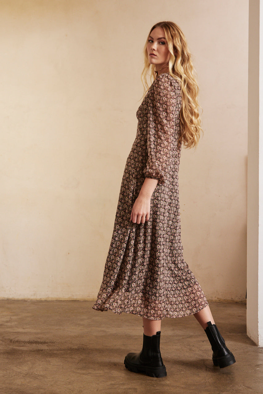 VESTIDO LARGO MANGA LARGA ESTAMPADO - BLACK