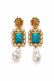 PENDIENTES LARGOS DE PERLAS Y FLOR - AZUL