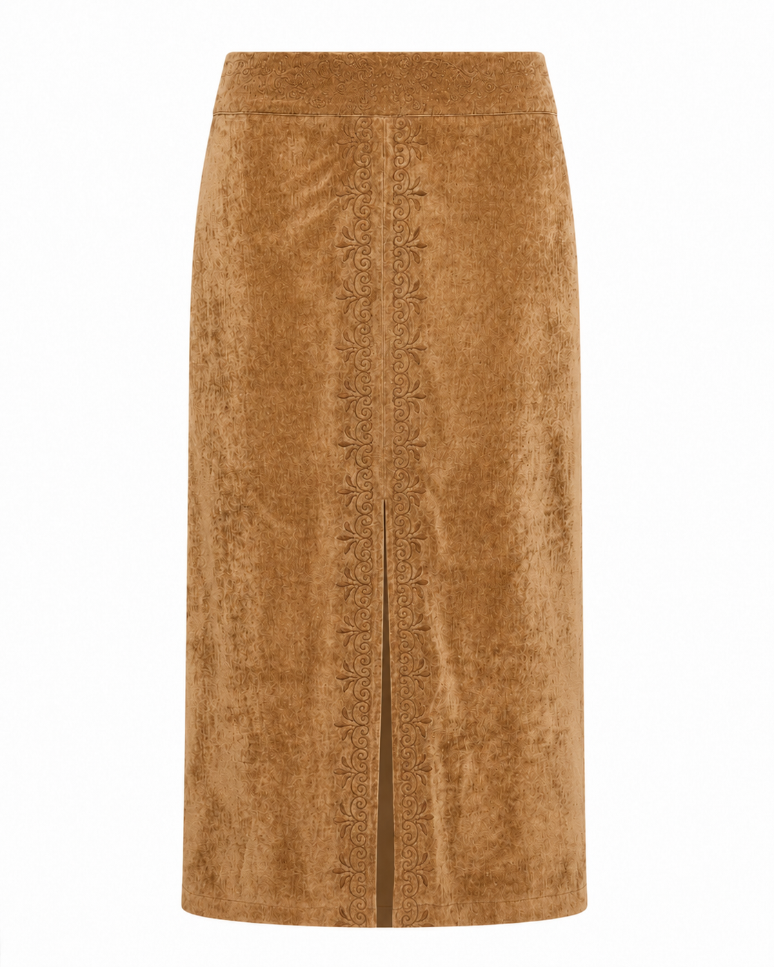 VELVET SKIRT EMBROIDERY SLIT - CAMEL