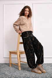 PRINTED VELVET JOGGER PANTS - BLACK