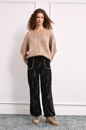 PRINTED VELVET JOGGER PANTS - BLACK - BLACK