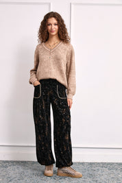 PRINTED VELVET JOGGER PANTS - BLACK