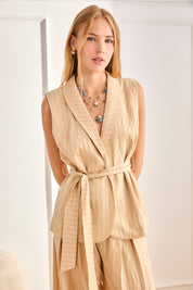 PINSTRIPE VEST WITH BOW - CAMEL